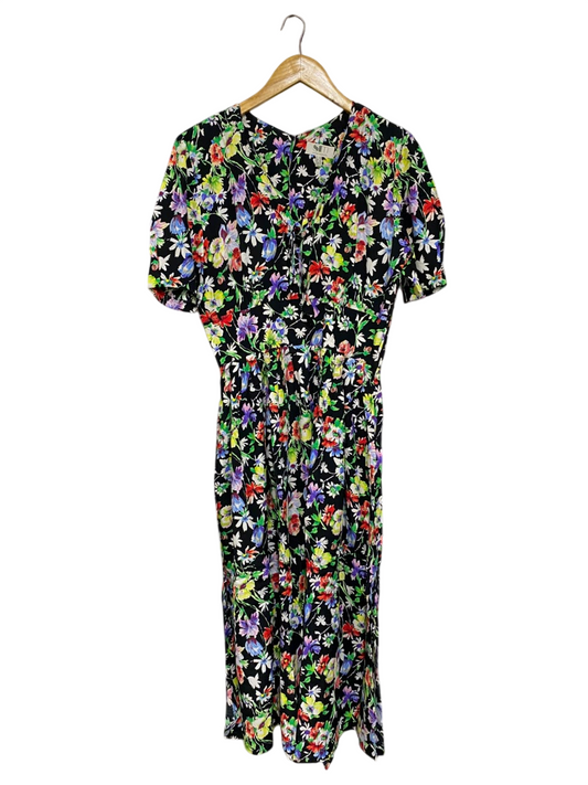 SONJA MODELLE |M| BUST 19| A50| BLACK MULTI-COLOR FLORAL V-NECK TECHNICAL UTILITY MIDI DRESS