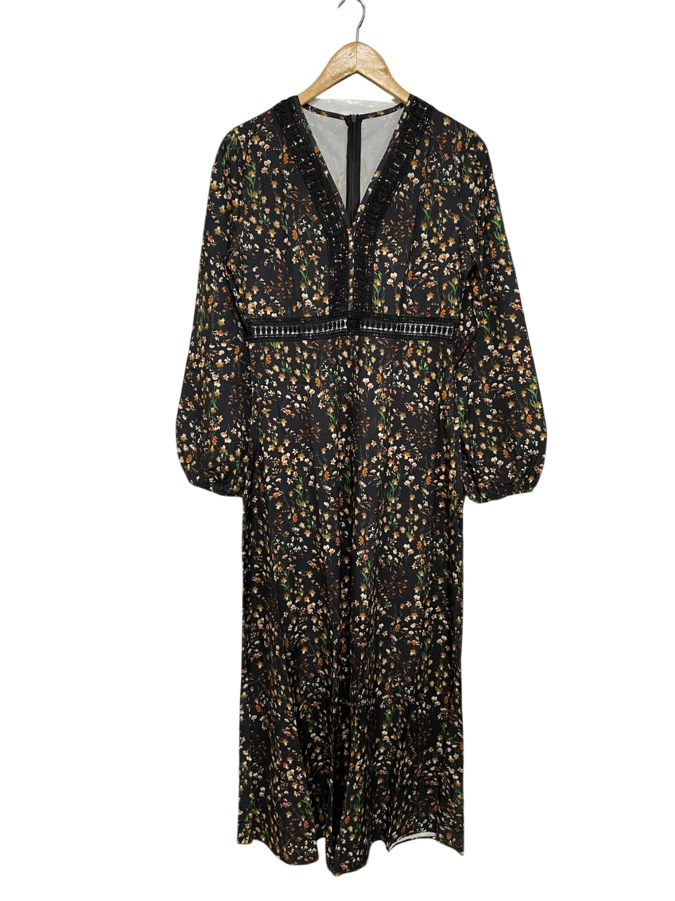 |M| BUST 18| A50| BLACK AND BROWN Ditsy FLORAL V-NECK TECHNICAL UTILITY MIDI DRESS