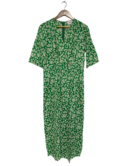 ELLA |XL| BUST 20| A50| GREEN AND WHITE FLORAL PRINT V-NECK TECHNICAL UTILITY MIDI DRESS