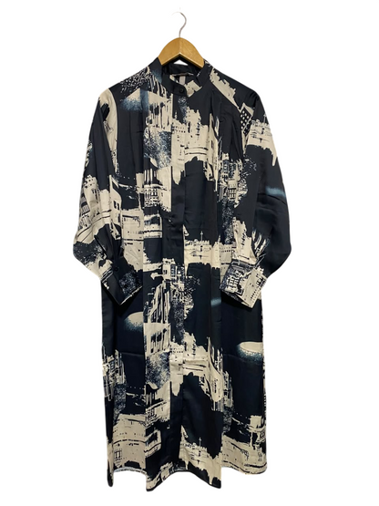 H&M |XS| BUST 23| A50| BLACK AND CREAM ARCHITECTURAL CITYSCAPE PRINT TECHNICAL UTILITY SHIRT DRESS