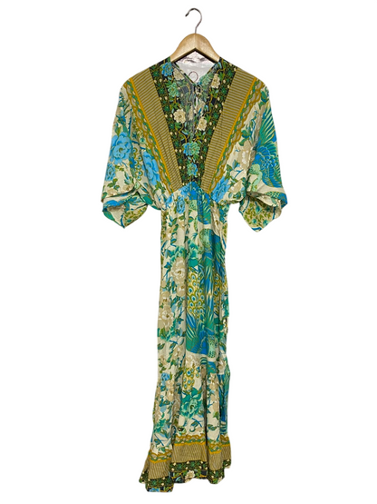 |S| BUST 17| A50| BLUE AND GREEN BOHO FLORAL TECHNICAL UTILITY MAXI DRESS