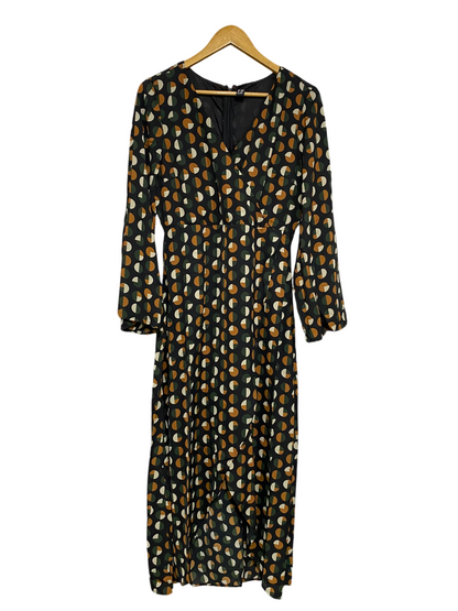 IZABEL |M| BUST 18| A50| BLACK GEOMETRIC PRINT V-NECK TECHNICAL UTILITY MIDI DRESS