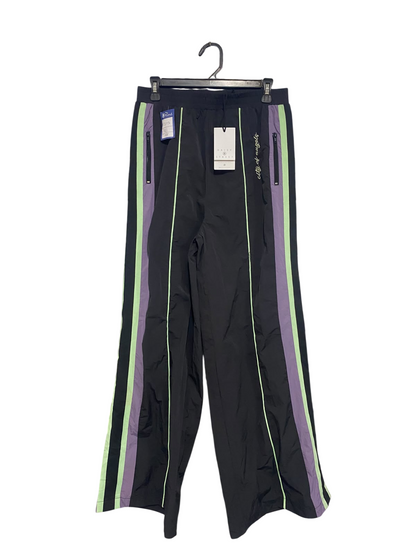 DAISY STREET |L| WAIST 30| A50| BLACK WIDE-LEG TECHNICAL UTILITY TRACK PANTS WITH PURPLE AND LIME STRIPES