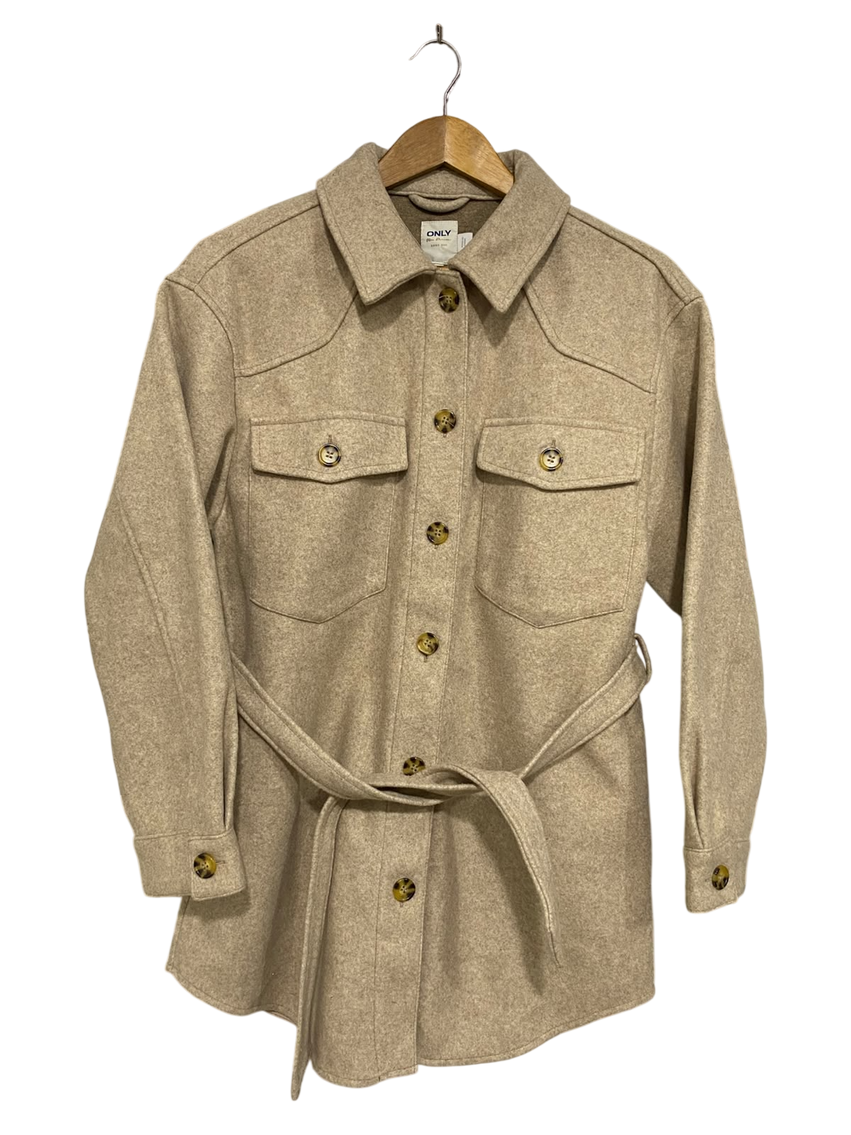 ONLY |L| BUST 21| A50| BEIGE BELTED ONLY SHACKET WITH DUAL CHEST POCKETS
