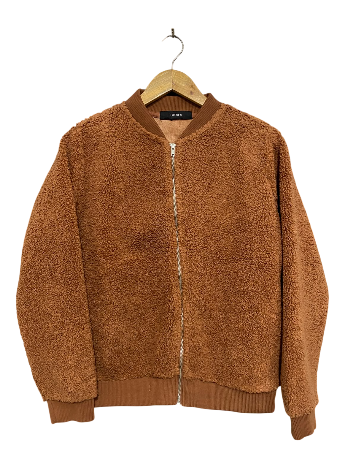 FOREVER |M| BUST 20| A50| CAMEL SHERPA FLEECE FOREVER 21 ZIP-UP BOMBER JACKET
