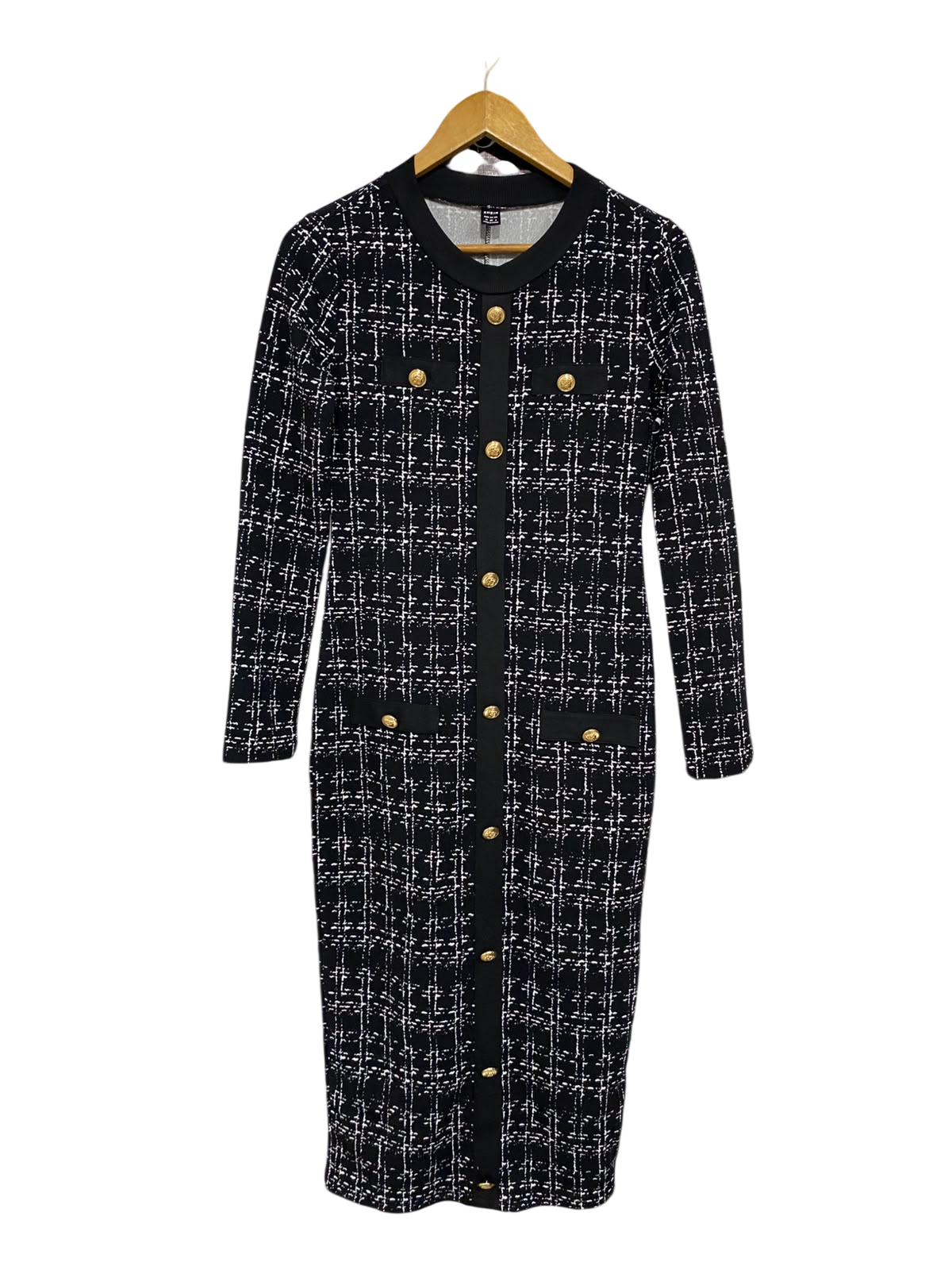 SHEIN |M| BUST 17| A50| BLACK AND WHITE TWEED-STYLE GOLD-BUTTON TECHNICAL UTILITY MIDI DRESS