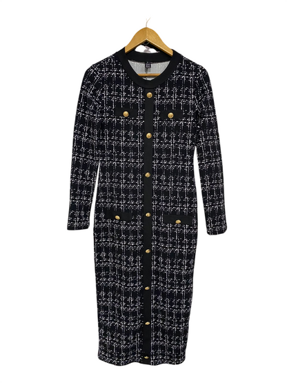 SHEIN |M| BUST 17| A50| BLACK AND WHITE TWEED-STYLE GOLD-BUTTON TECHNICAL UTILITY MIDI DRESS