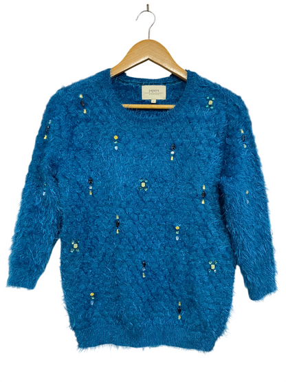PAPAYA |S| BUST 18| A50| BLUE FLUFFY EMBELLISHED PAPAYA CREWNECK TECHNICAL UTILITY SWEATER