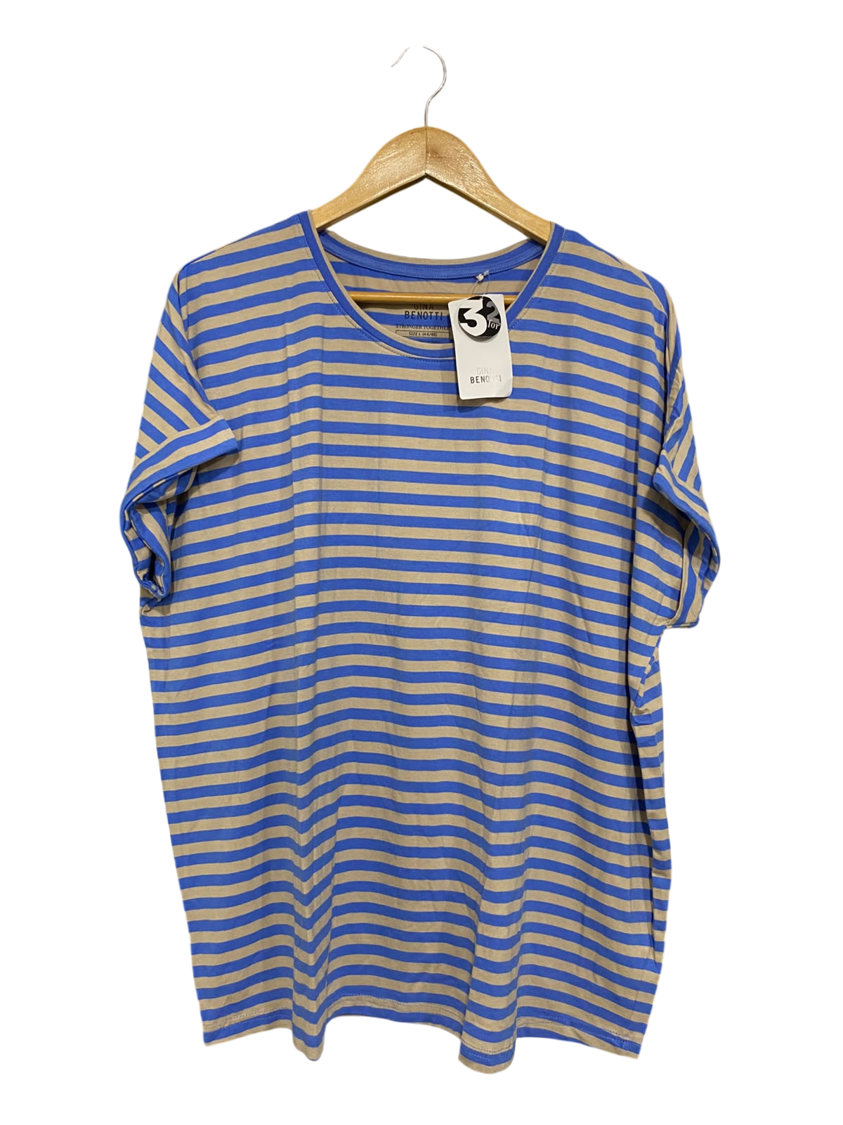 GINA BENOTTI |L| BUST 25| A50| BLUE AND BEIGE STRIPED BENOTTI CREWNECK TECHNICAL UTILITY T-SHIRT