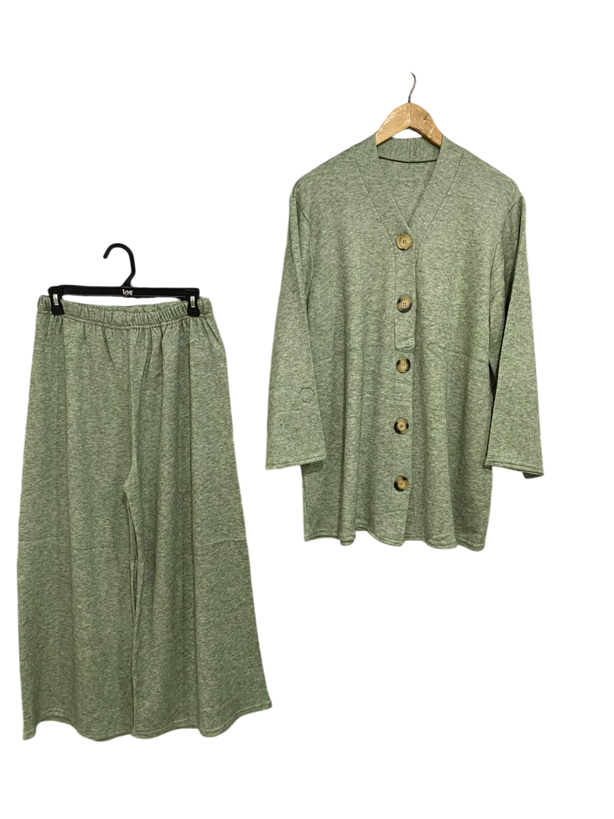 FABRIQUE EN FRANCE |M| A50| SAGE GREEN HEATHERED BUTTON-UP CARDIGAN AND WIDE-LEG PANTS TECHNICAL UTILITY SET