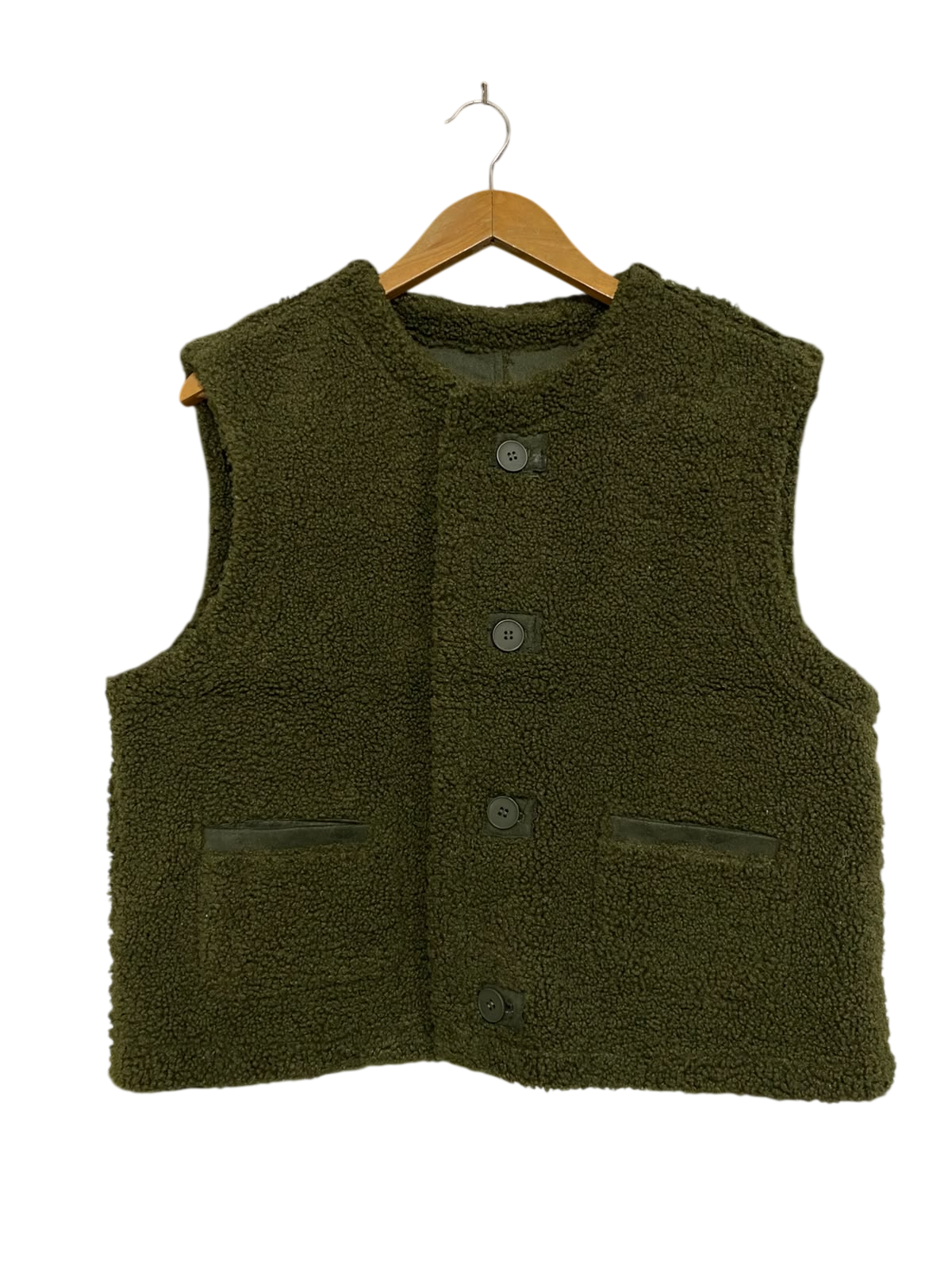 |M| BUST 22| A50| OLIVE GREEN SHERPA FLEECE BUTTON-UP TECHNICAL UTILITY VEST