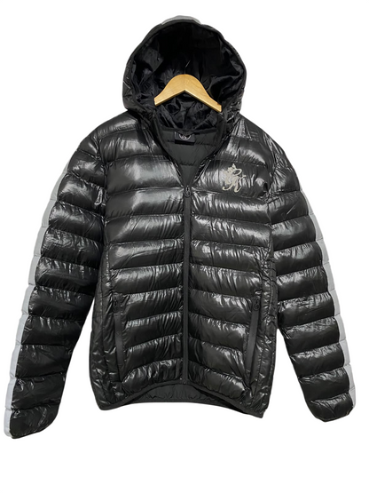 GK |L| BUST 22| A50| BLACK GLOSSY PUFFER JACKET WITH HOOD AND SIDE STRIPES