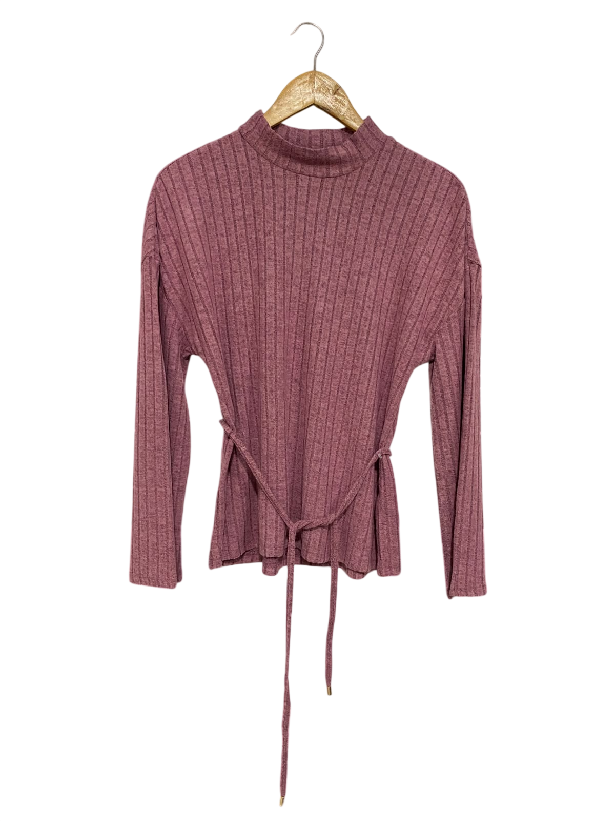 RIB=VER ISLAND |M| BUST 19| A50| DUSTY ROSE RIBBED MOCK-NECK TIE-WAIST TECHNICAL UTILITY TOP