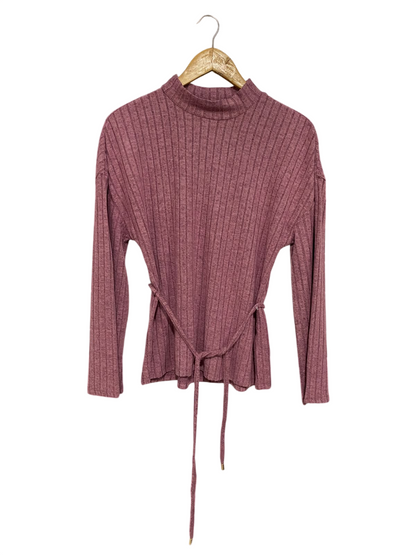 RIB=VER ISLAND |M| BUST 19| A50| DUSTY ROSE RIBBED MOCK-NECK TIE-WAIST TECHNICAL UTILITY TOP