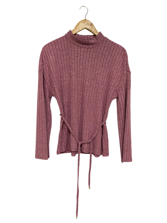 RIB=VER ISLAND |M| BUST 19| A50| DUSTY ROSE RIBBED MOCK-NECK TIE-WAIST TECHNICAL UTILITY TOP