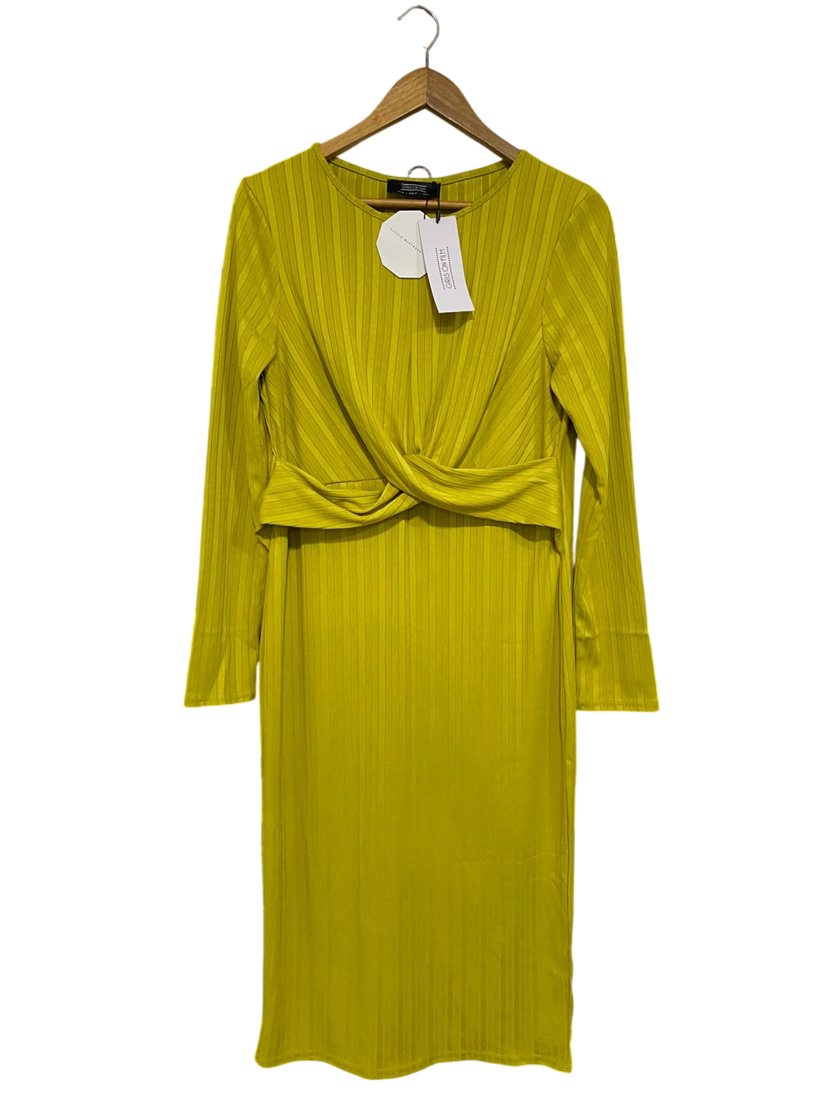 GIRLS ON FILM |L| BUST 19| A50| LIME GREEN TWIST-FRONT RIBBED TECHNICAL UTILITY MIDI DRESS