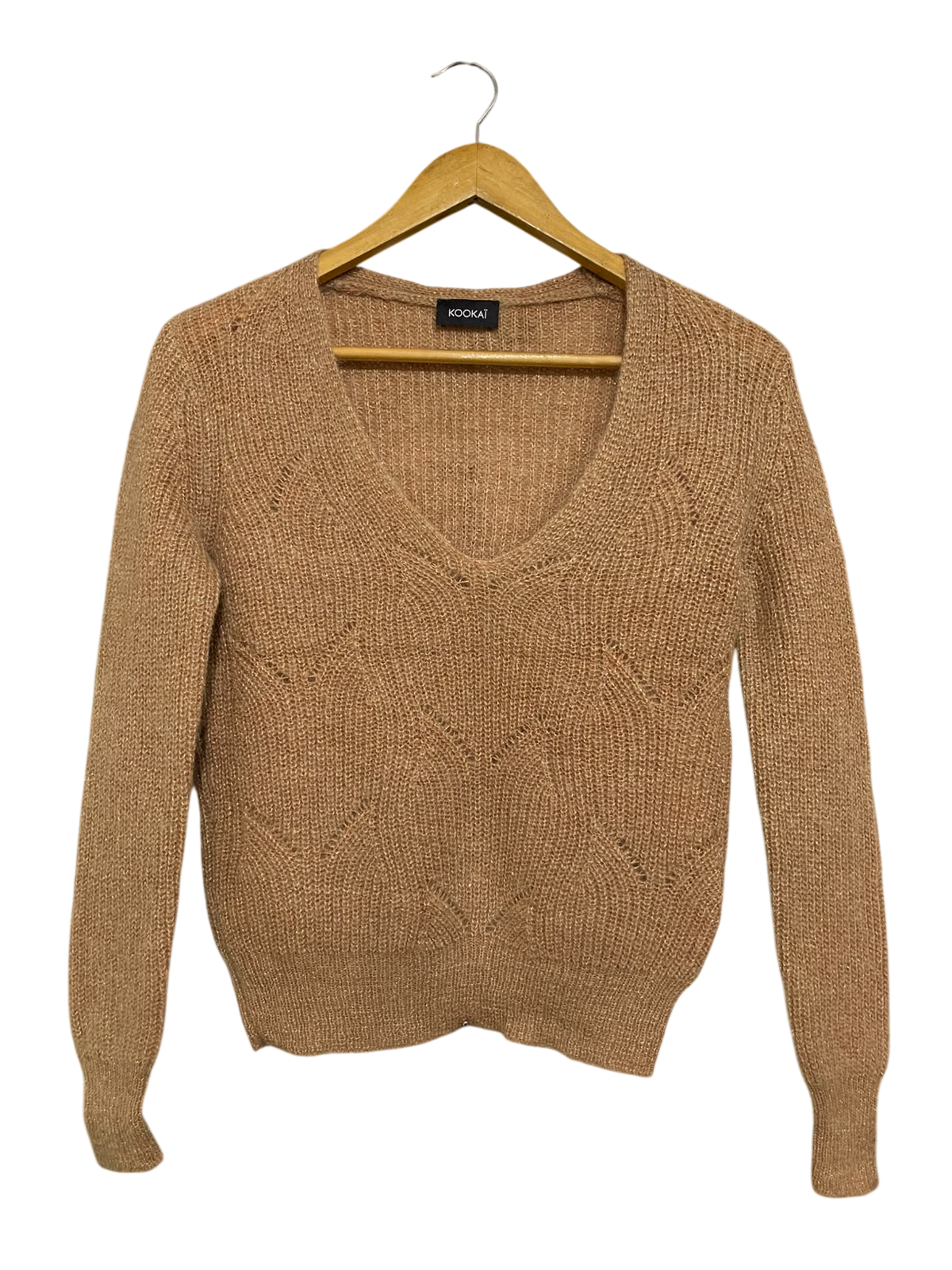 KOOKAI |S| BUST 17| A50| CAMEL POINTELLE V-NECK TECHNICAL UTILITY SWEATER
