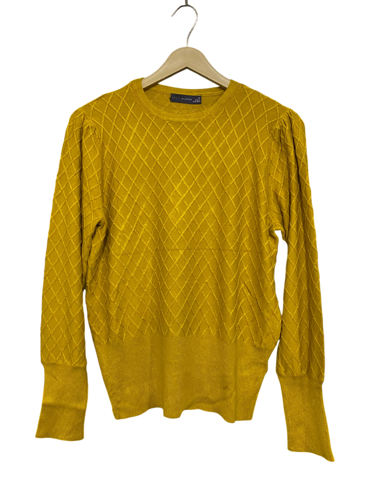 M&S |L| BUST 19| A51| MUSTARD YELLOW TEXTURED DIAMOND-GRID TECHNICAL UTILITY SWEATER