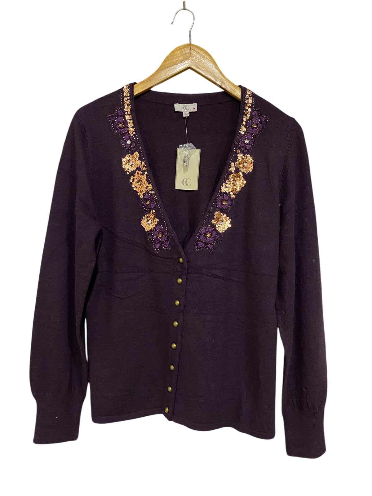 CC |L| BUST 20| A51| DEEP PLUM BEADED AND SEQUINNED V-NECK TECHNICAL UTILITY CARDIGAN
