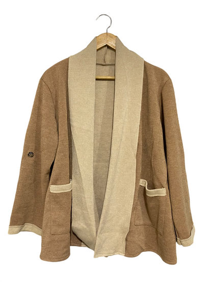 LUMINE |L| BUST 22| A51| CAMEL AND BEIGE TWO-TONE SHAWL-LAPEL TECHNICAL UTILITY CARDIGAN