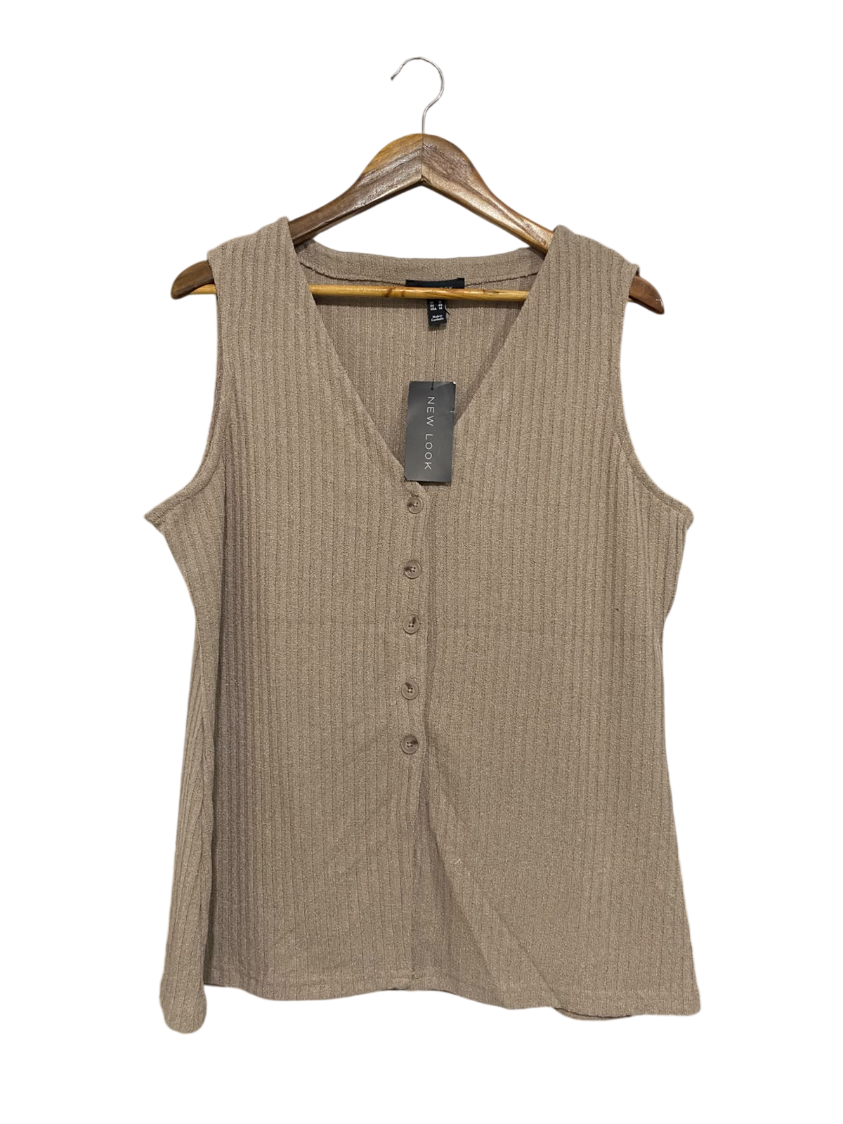 NEW LOOK |L| BUST 21| A51| TAUPE RIBBED V-NECK BUTTON-DOWN TECHNICAL UTILITY TANK TOP
