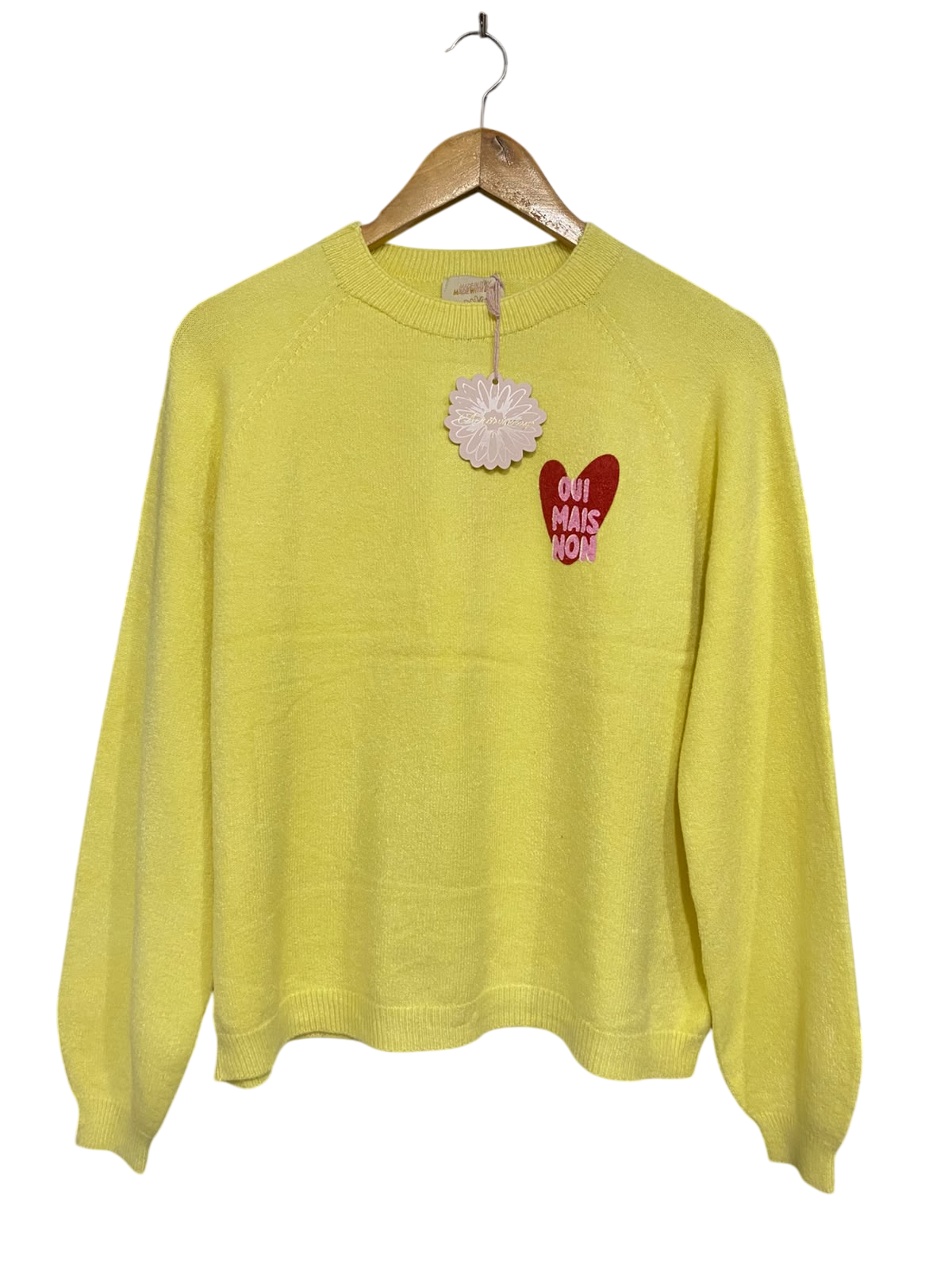 APRIL VINTAGE |M| BUST 20| A51| NEON YELLOW EMBROIDERED HEART CREWNECK TECHNICAL UTILITY SWEATER