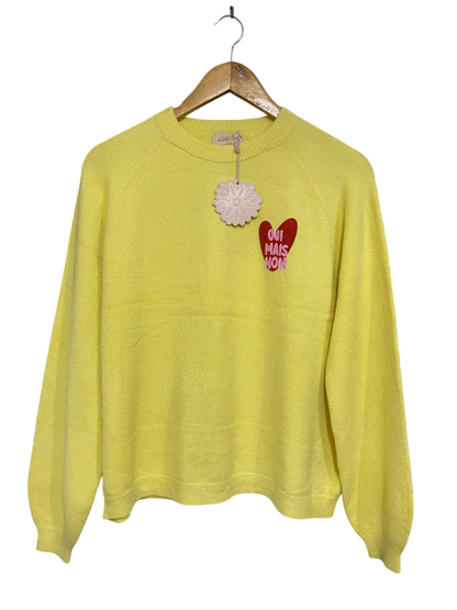 APRIL VINTAGE |M| BUST 20| A51| NEON YELLOW EMBROIDERED HEART CREWNECK TECHNICAL UTILITY SWEATER