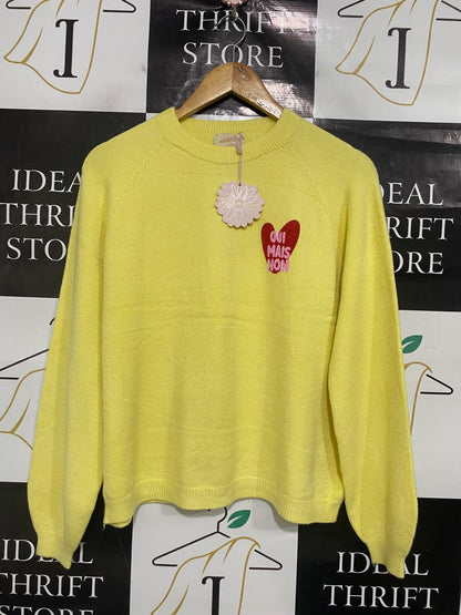 APRIL VINTAGE |M| BUST 20| A51| NEON YELLOW EMBROIDERED HEART CREWNECK TECHNICAL UTILITY SWEATER
