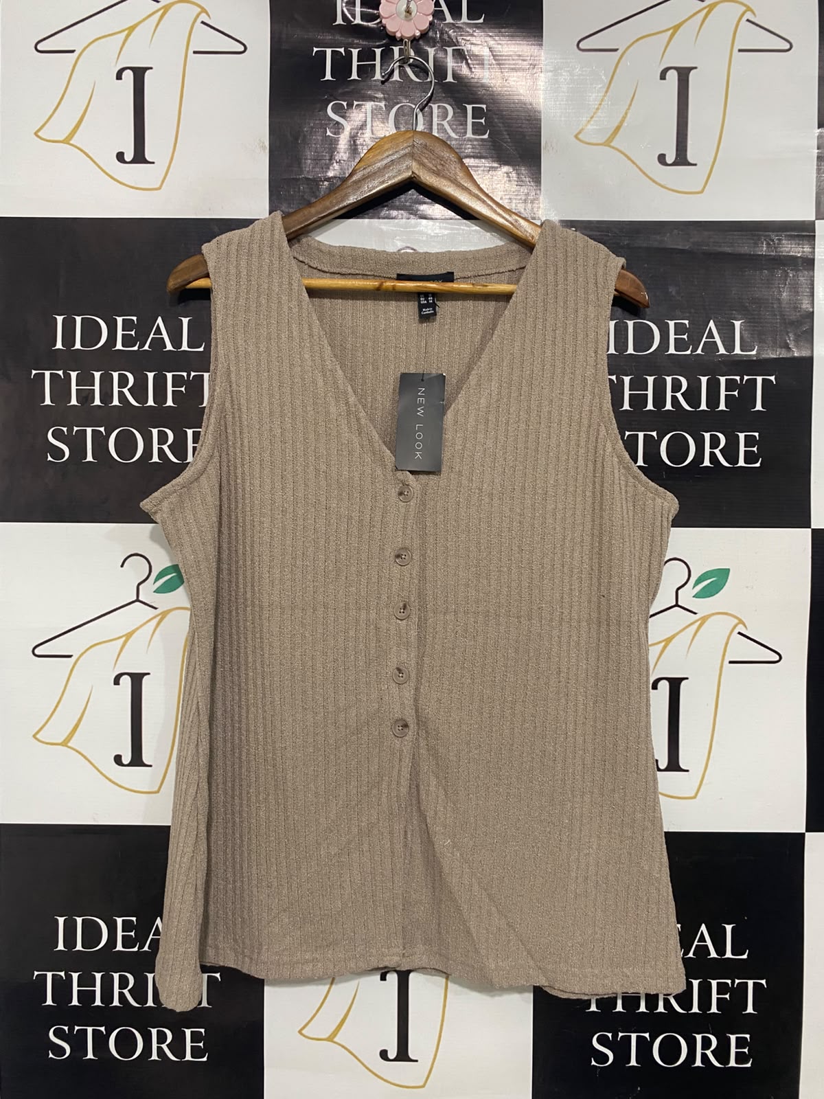 NEW LOOK |L| BUST 21| A51| TAUPE RIBBED V-NECK BUTTON-DOWN TECHNICAL UTILITY TANK TOP