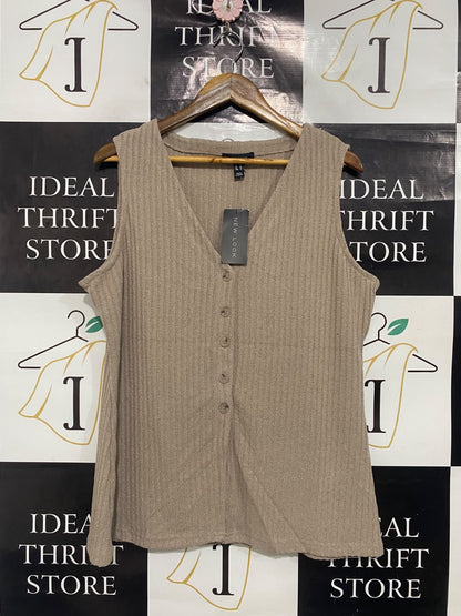 NEW LOOK |L| BUST 21| A51| TAUPE RIBBED V-NECK BUTTON-DOWN TECHNICAL UTILITY TANK TOP