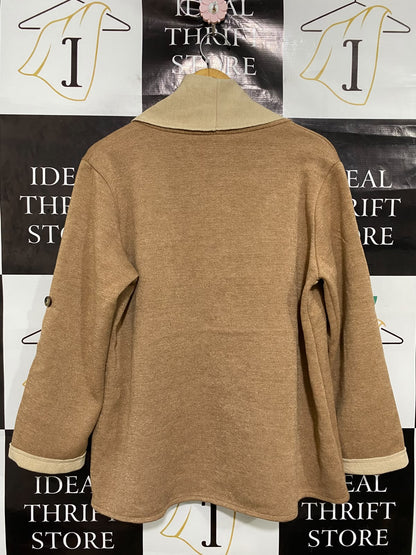 LUMINE |L| BUST 22| A51| CAMEL AND BEIGE TWO-TONE SHAWL-LAPEL TECHNICAL UTILITY CARDIGAN