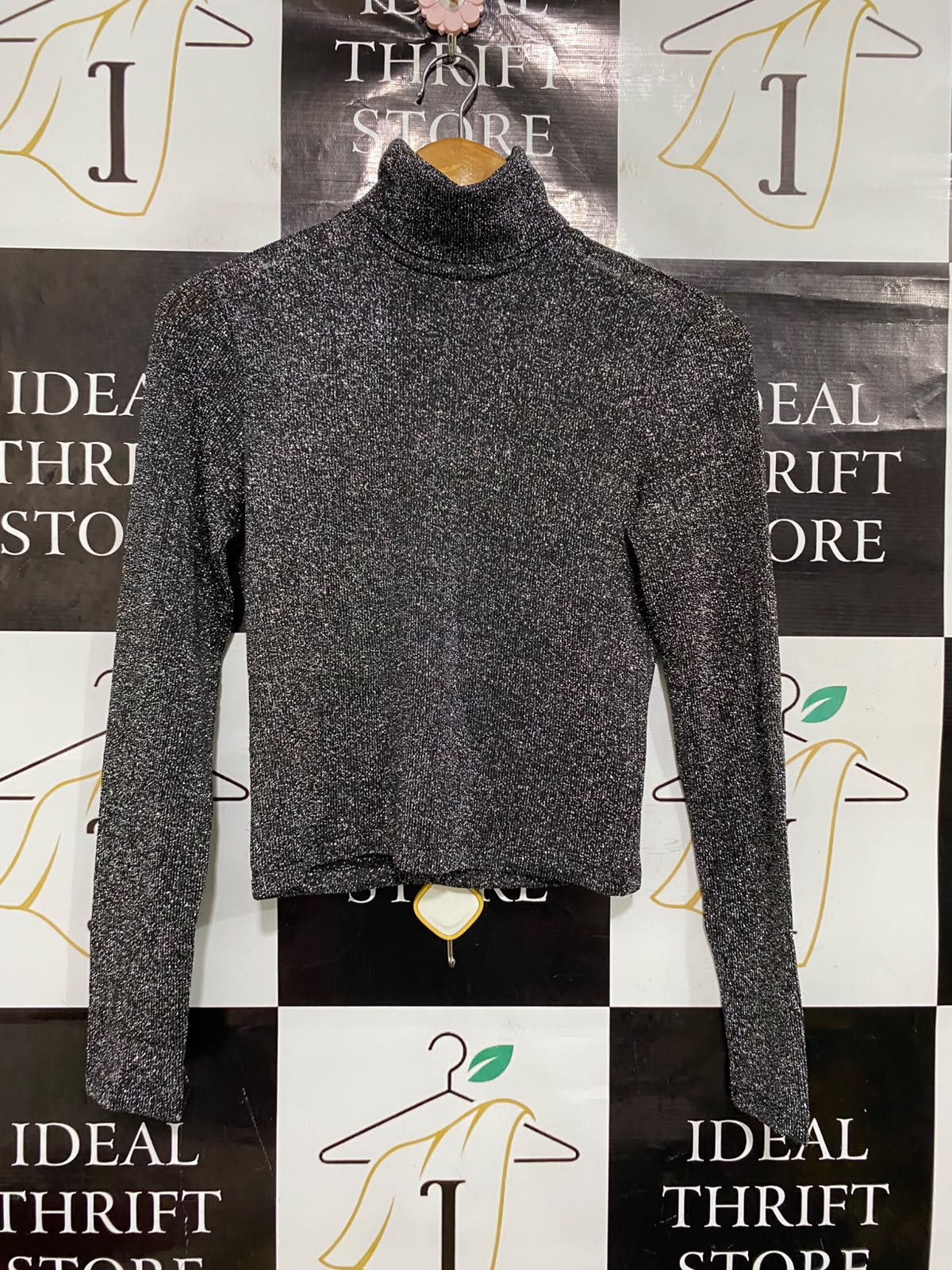H&M |S| BUST 16| A51| CHARCOAL METALLIC GLITTER TURTLENECK TECHNICAL UTILITY TOP