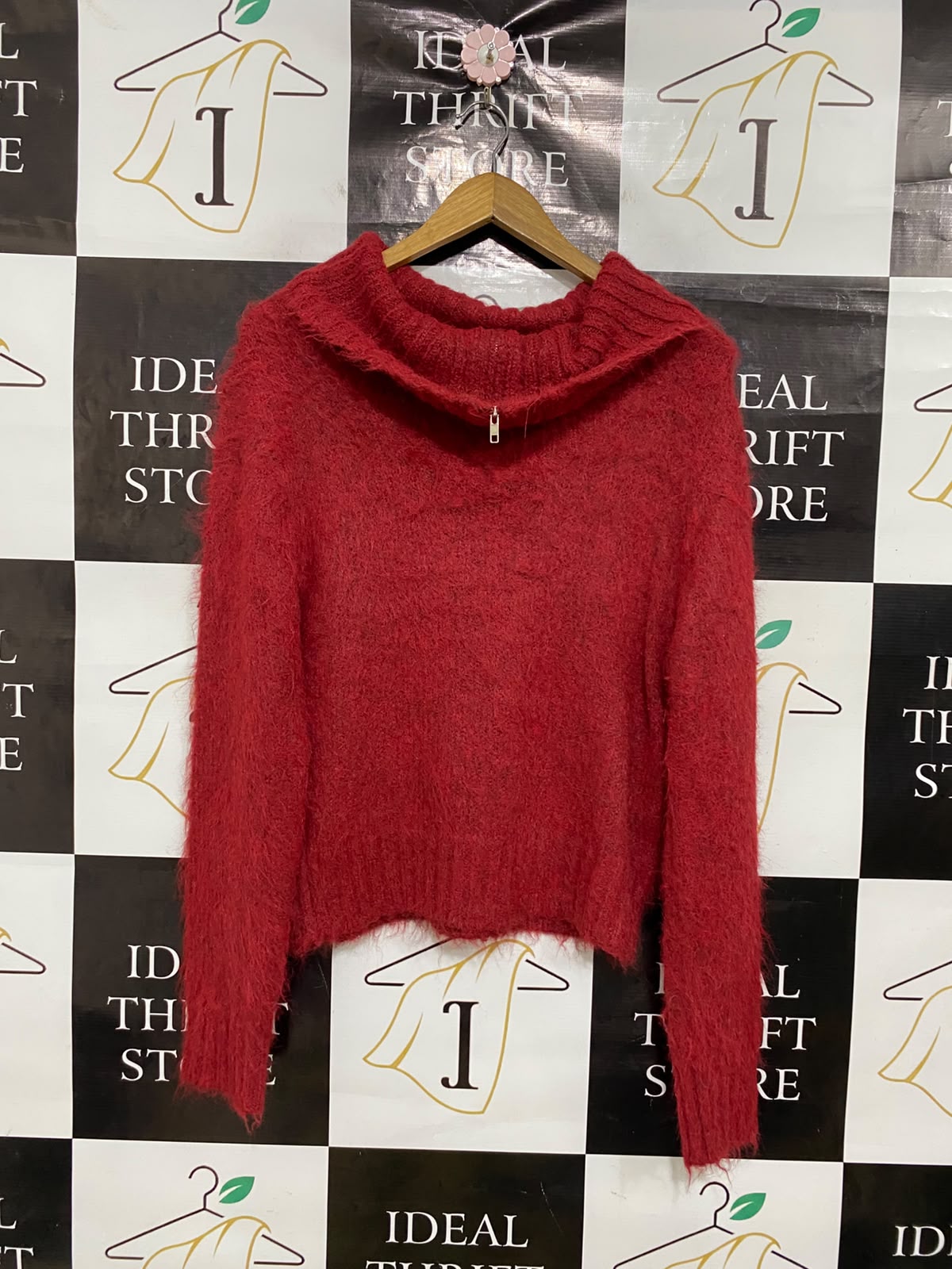 RECLAIMED NINTAGE |S| BUST 20| A51| CRIMSON FUZZY TEXTURED COWL-NECK TECHNICAL UTILITY SWEATER