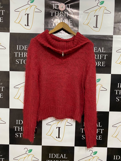 RECLAIMED NINTAGE |S| BUST 20| A51| CRIMSON FUZZY TEXTURED COWL-NECK TECHNICAL UTILITY SWEATER