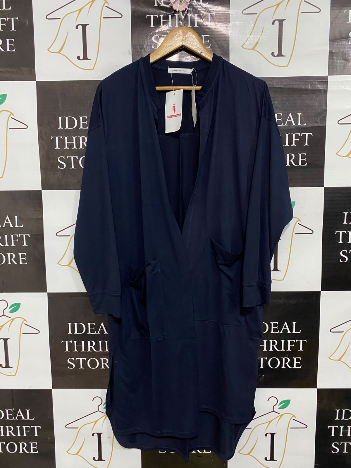 AMERICAN HOLIC |L| BUST 25| A51| NAVY OPEN-FRONT LONG-LINE TECHNICAL UTILITY CARDIGAN