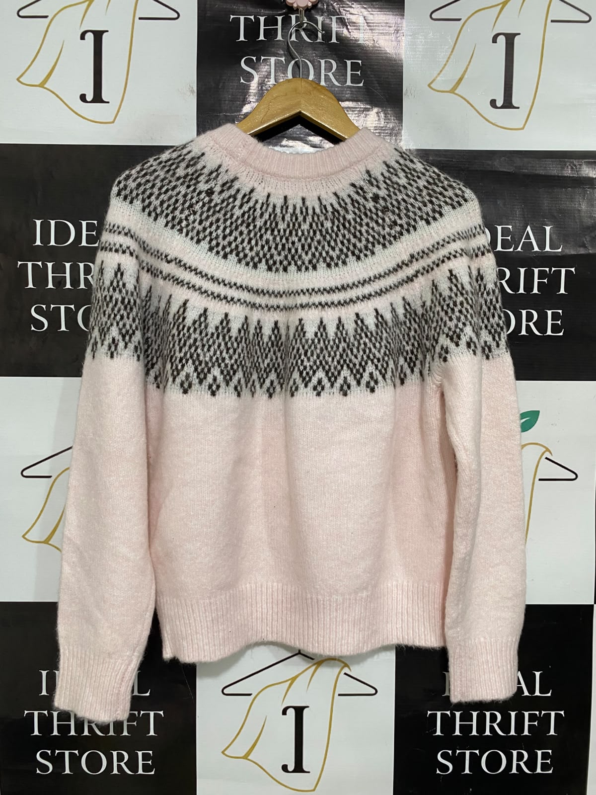 PRIMARK |M| BUST 21| A51| PINK AND BLACK FAIR ISLE YOKE TECHNICAL UTILITY SWEATER