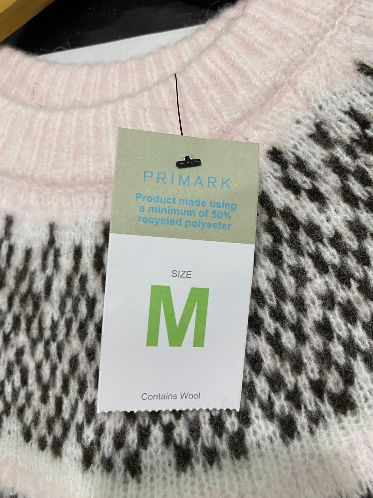 PRIMARK |M| BUST 21| A51| PINK AND BLACK FAIR ISLE YOKE TECHNICAL UTILITY SWEATER