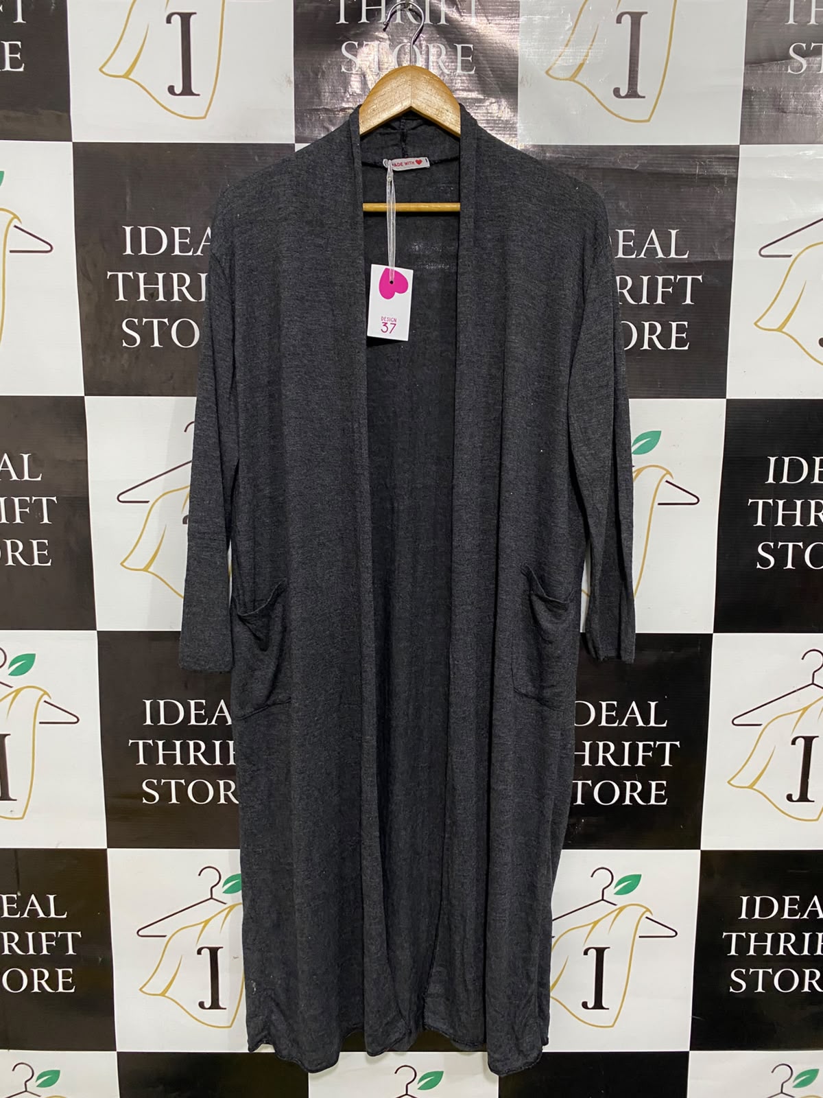 MADE WITH |L| BUST 21| A51| CHARCOAL GREY OPEN-FRONT DUSTEN LONG-LINE TECHNICAL UTILITY CARDIGAN