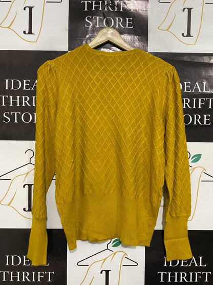 M&S |L| BUST 19| A51| MUSTARD YELLOW TEXTURED DIAMOND-GRID TECHNICAL UTILITY SWEATER
