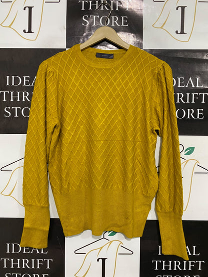 M&S |L| BUST 19| A51| MUSTARD YELLOW TEXTURED DIAMOND-GRID TECHNICAL UTILITY SWEATER