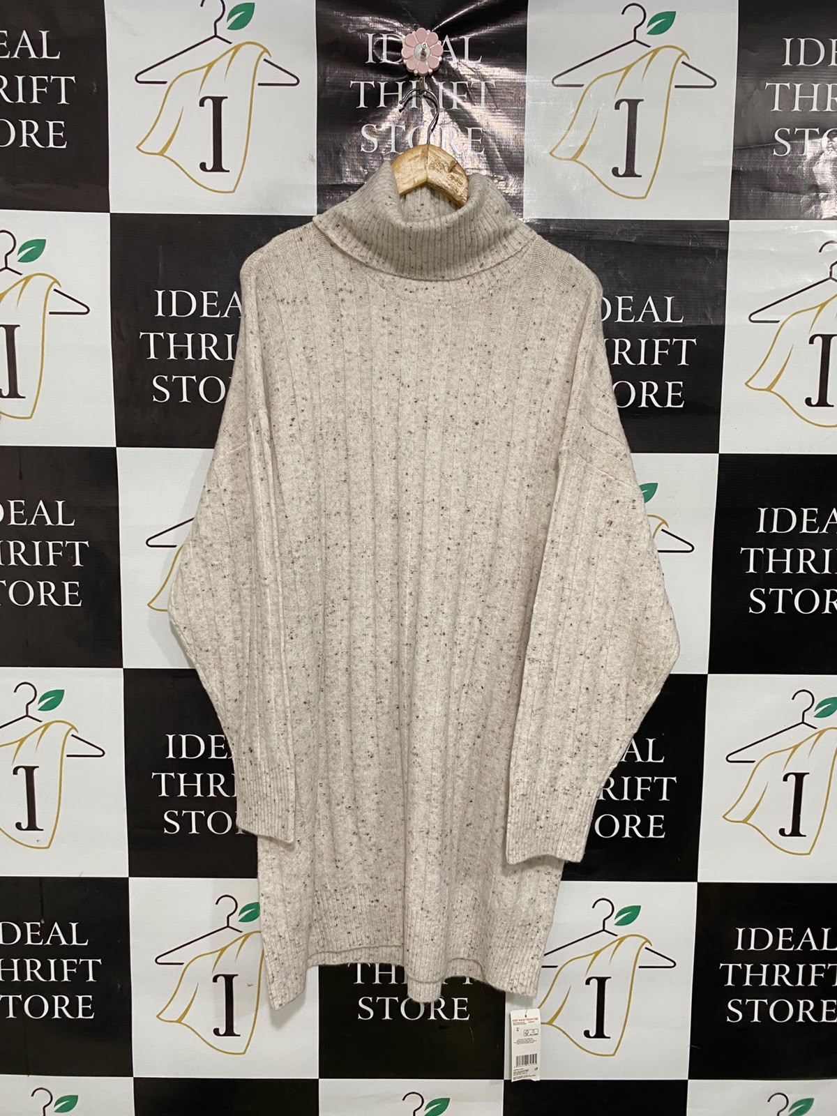 F&F |XL| BUST 25| A51| OATMEAL SPECKLED TURTLENECK RIBBED TECHNICAL UTILITY SWEATER DRESS