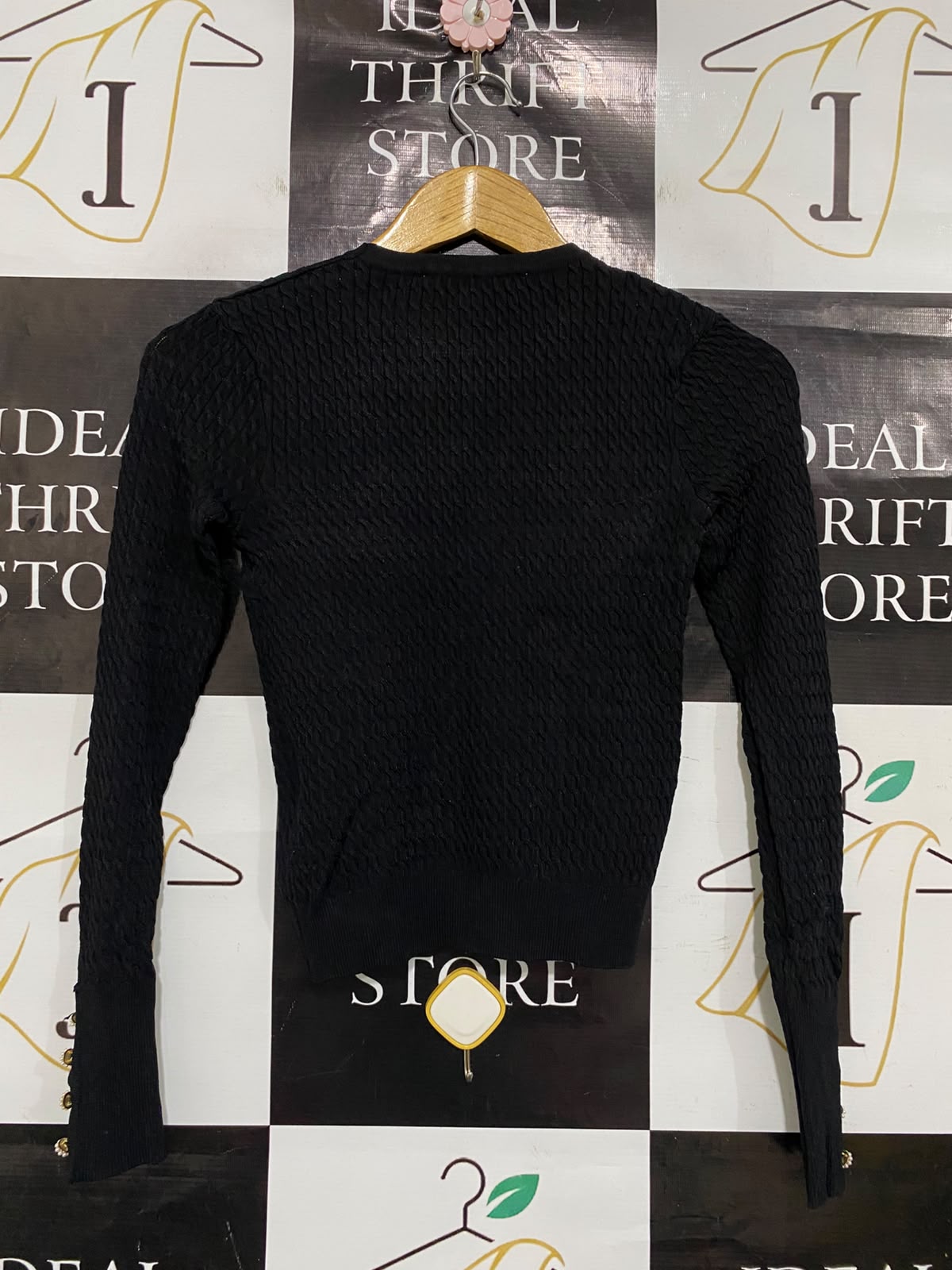 ZARA |S| BUST 13| A50| BLACK ZARA TEXTURED BUTTON-CUFF TECHNICAL UTILITY SWEATER