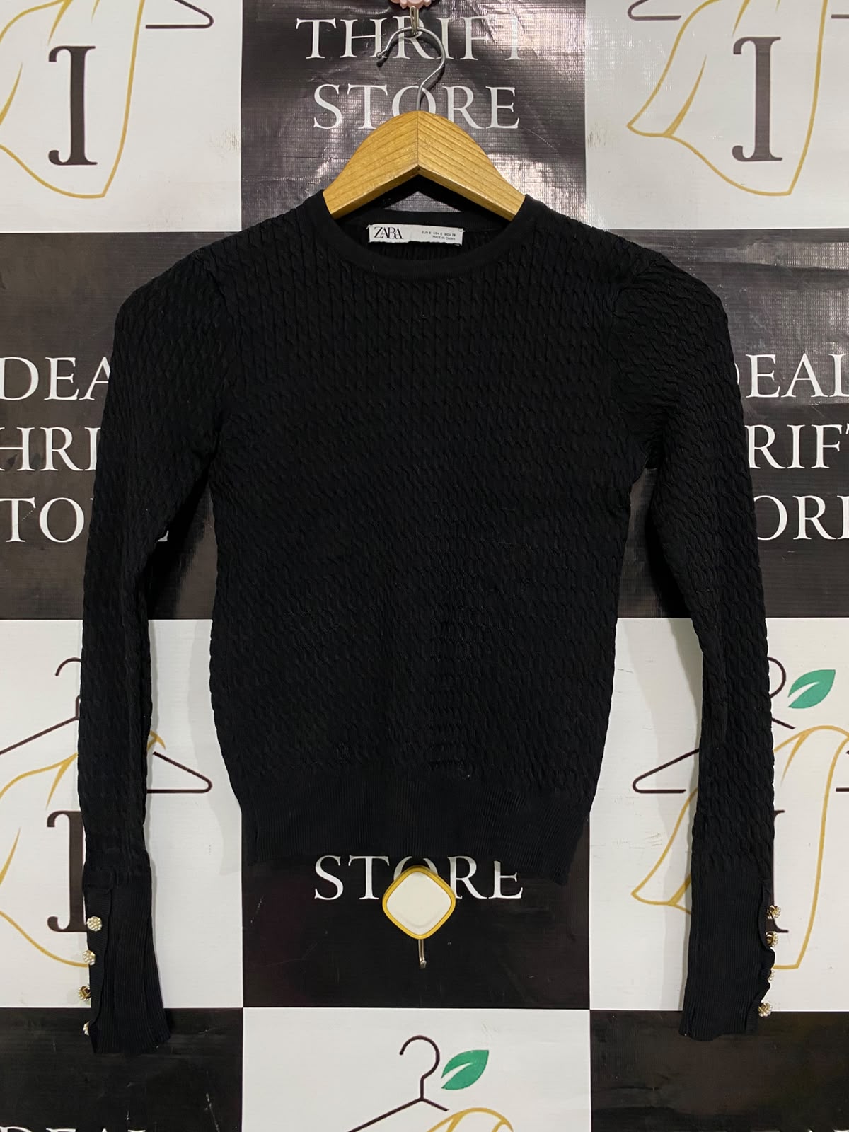 ZARA |S| BUST 13| A50| BLACK ZARA TEXTURED BUTTON-CUFF TECHNICAL UTILITY SWEATER