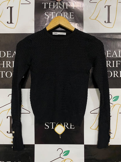 ZARA |S| BUST 13| A50| BLACK ZARA TEXTURED BUTTON-CUFF TECHNICAL UTILITY SWEATER