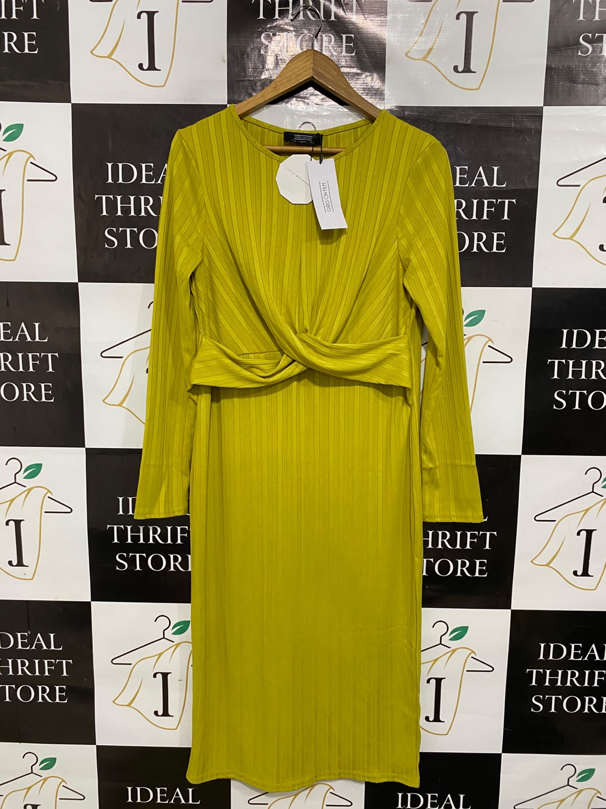 GIRLS ON FILM |L| BUST 19| A50| LIME GREEN TWIST-FRONT RIBBED TECHNICAL UTILITY MIDI DRESS