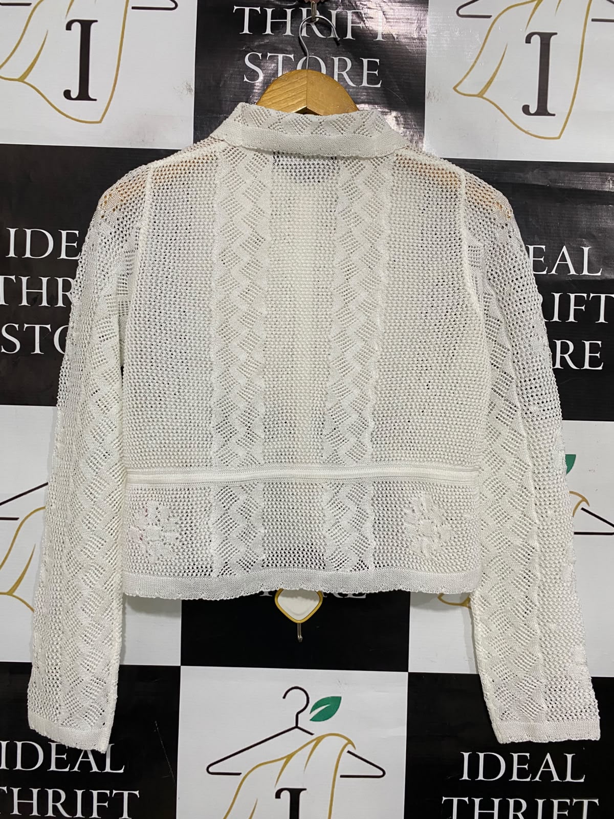 PRIMARK |S| BUST 18| A50| WHITE CROCHET OPEN-WORK COLLARED TECHNICAL UTILITY CARDIGAN