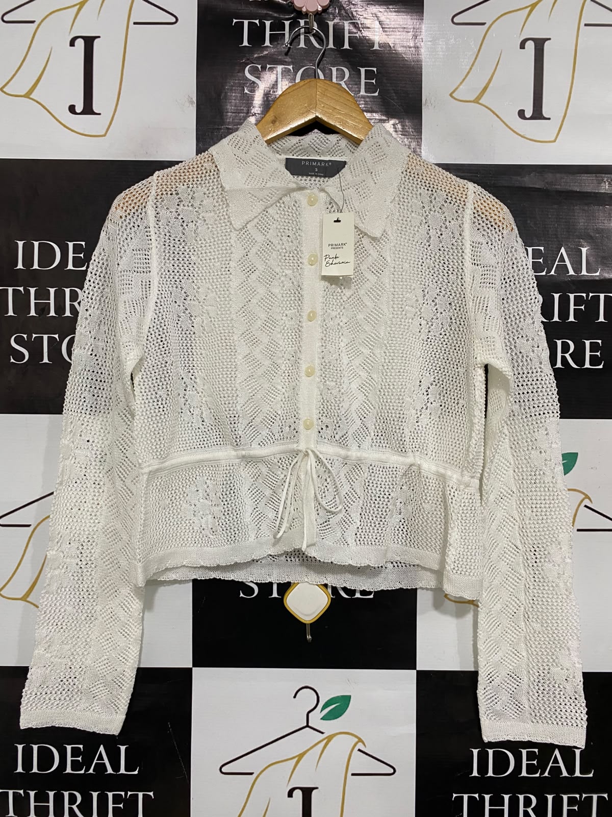 PRIMARK |S| BUST 18| A50| WHITE CROCHET OPEN-WORK COLLARED TECHNICAL UTILITY CARDIGAN