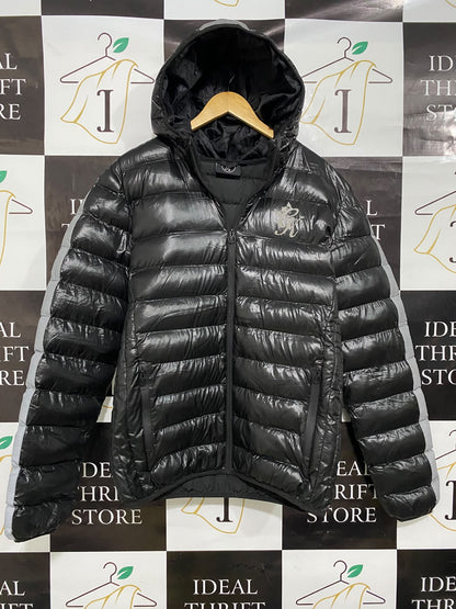 GK |L| BUST 22| A50| BLACK GLOSSY PUFFER JACKET WITH HOOD AND SIDE STRIPES