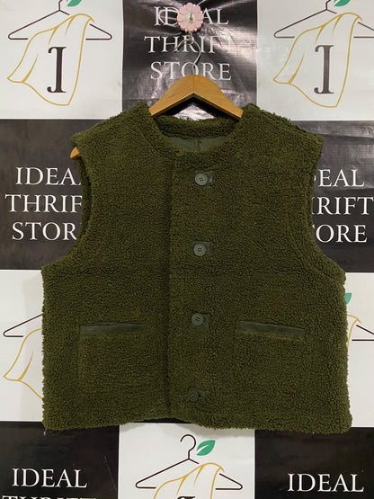 |M| BUST 22| A50| OLIVE GREEN SHERPA FLEECE BUTTON-UP TECHNICAL UTILITY VEST