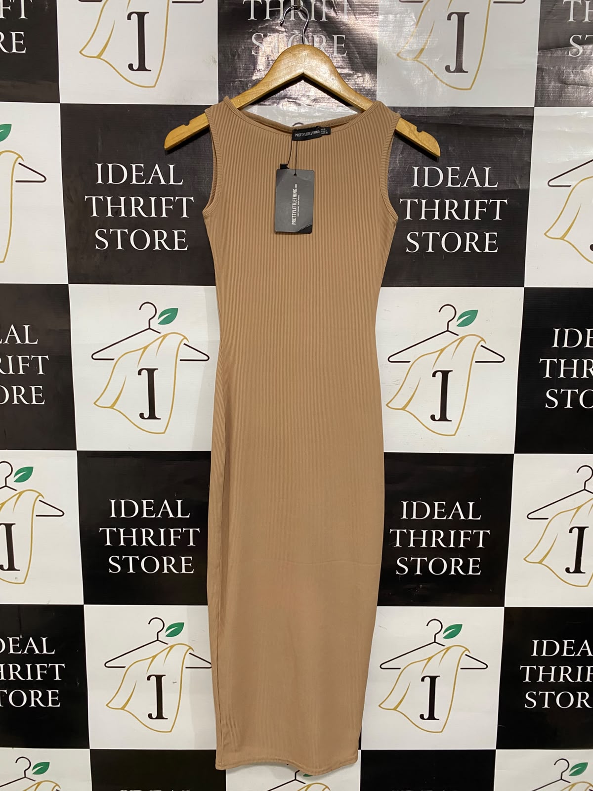 PRETTYLITTLE THING |S| BUST 14| A50| CAMEL RIBBED SLEEVELESS BODYCON TECHNICAL UTILITY MIDI DRESS